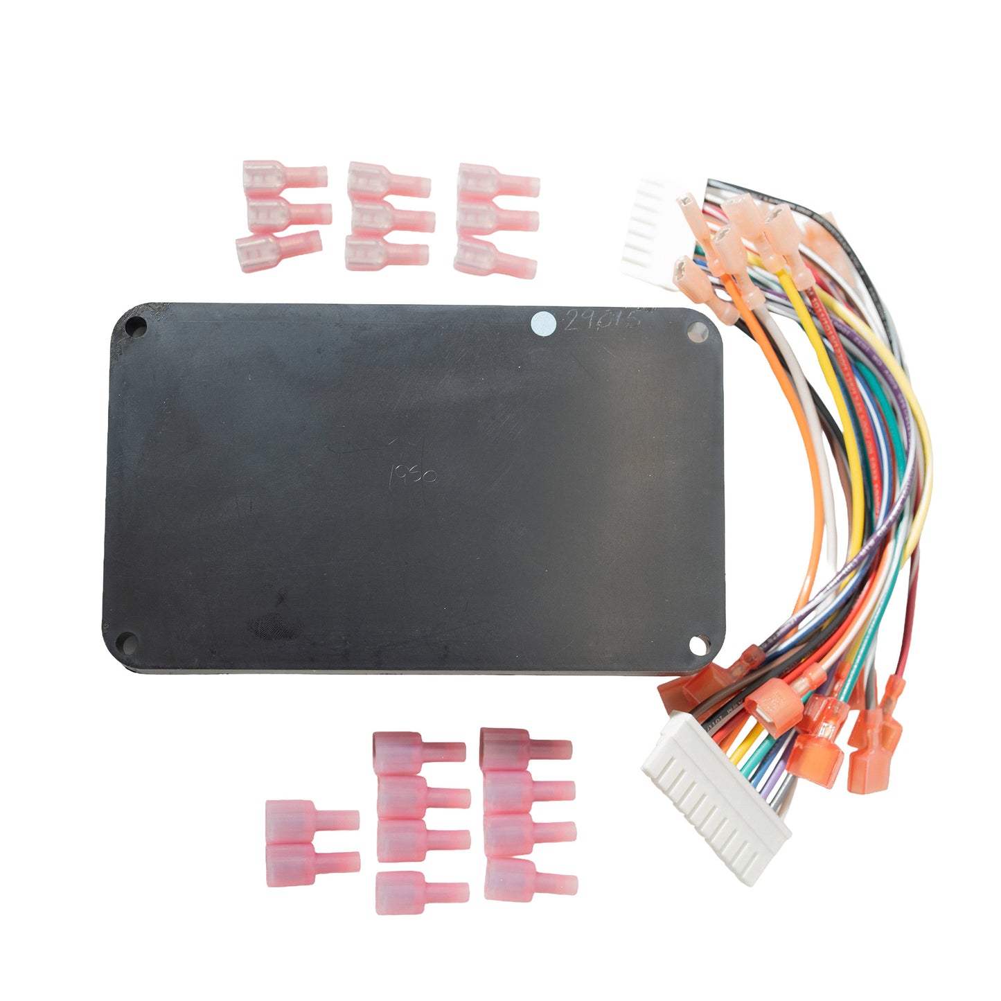 Electronic component kit with a black board, colorful wires, and pink connectors on a white background
