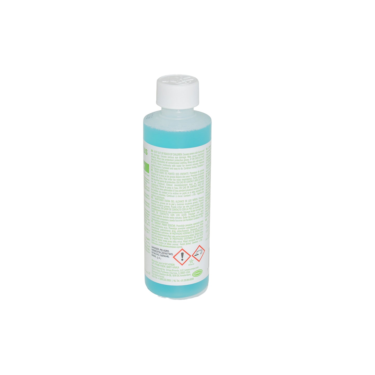 Bottle of cleaning solution with a white cap on a white background