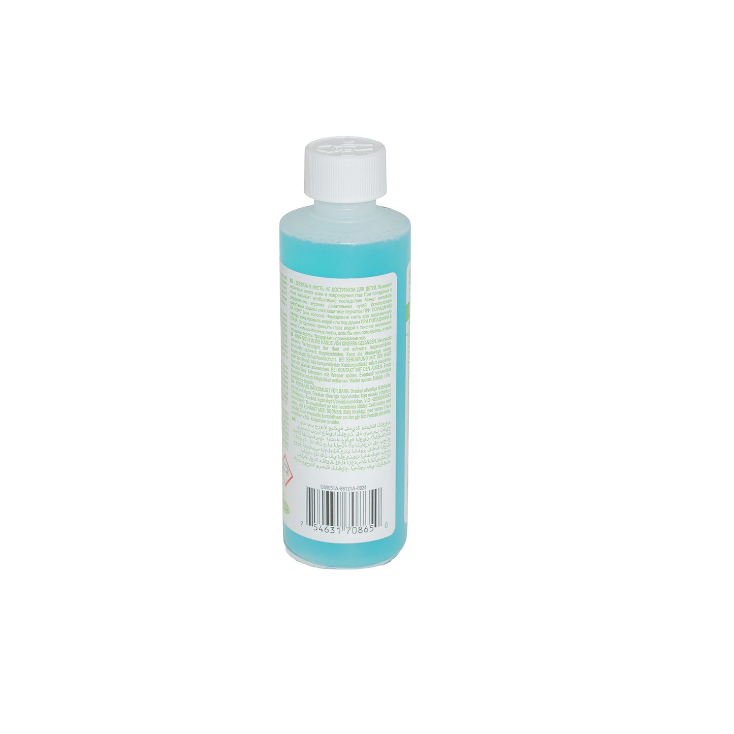 Bottle of liquid with a label on a white background