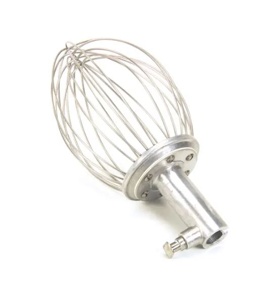 Metal whisk attachment on a white background
