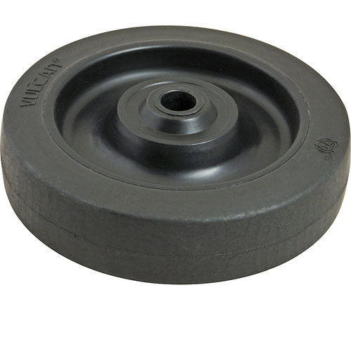 Picture of Wheel, 5 inches in diameter, with a 3/8 inch inner diameter, including a bushing and colored black.