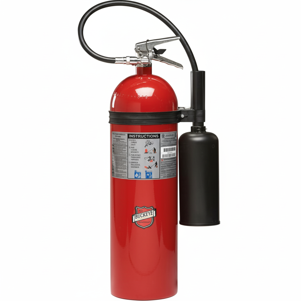 Red fire extinguisher with black hose on a white background