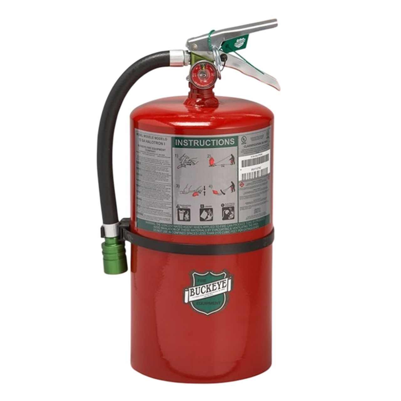 Red fire extinguisher with visible 'Buckeye' branding on a white background