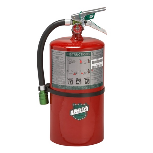 Red fire extinguisher with visible 'Buckeye' branding on a white background