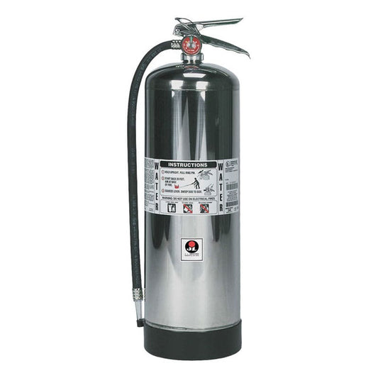 Silver fire extinguisher on a white background