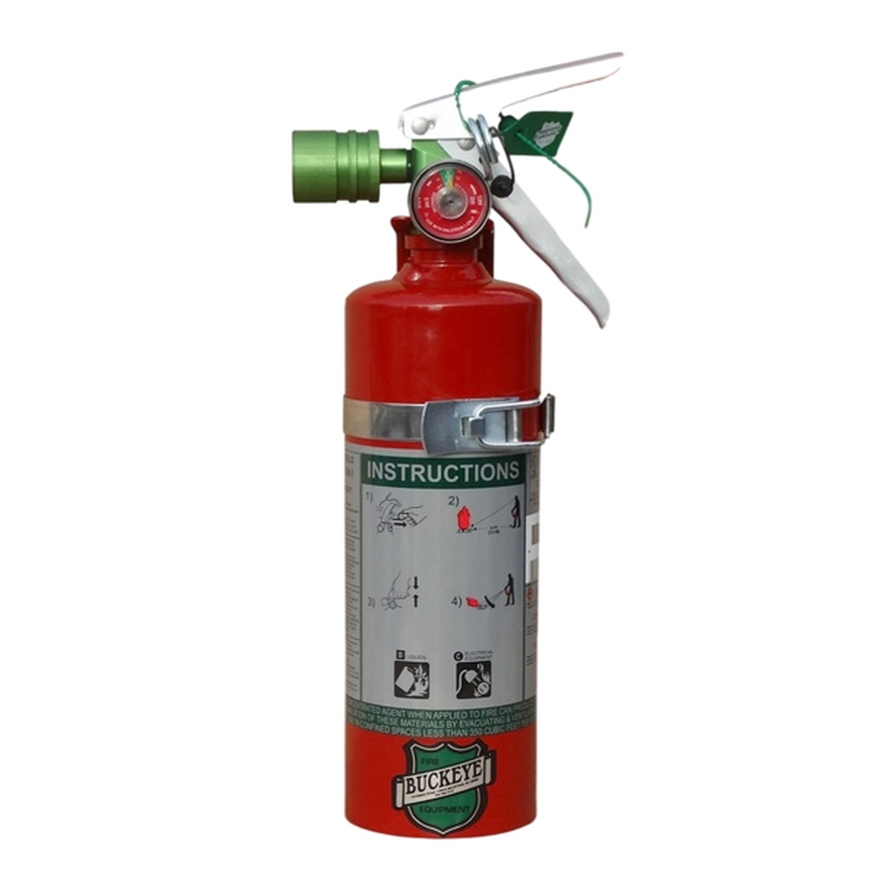 Red fire extinguisher with green nozzle on a white background