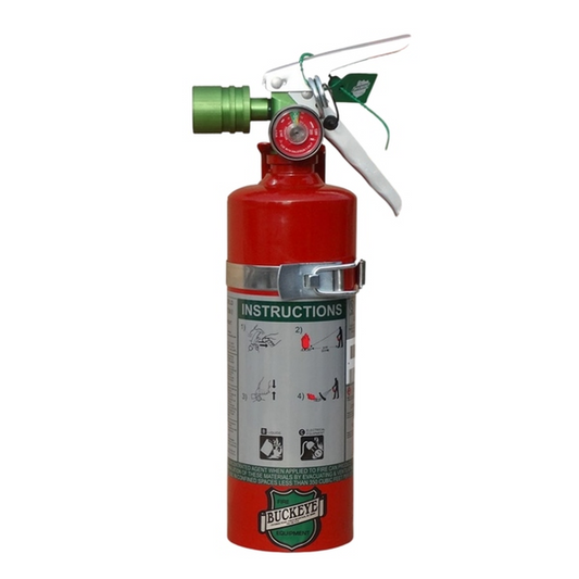 Red fire extinguisher with green nozzle on a white background