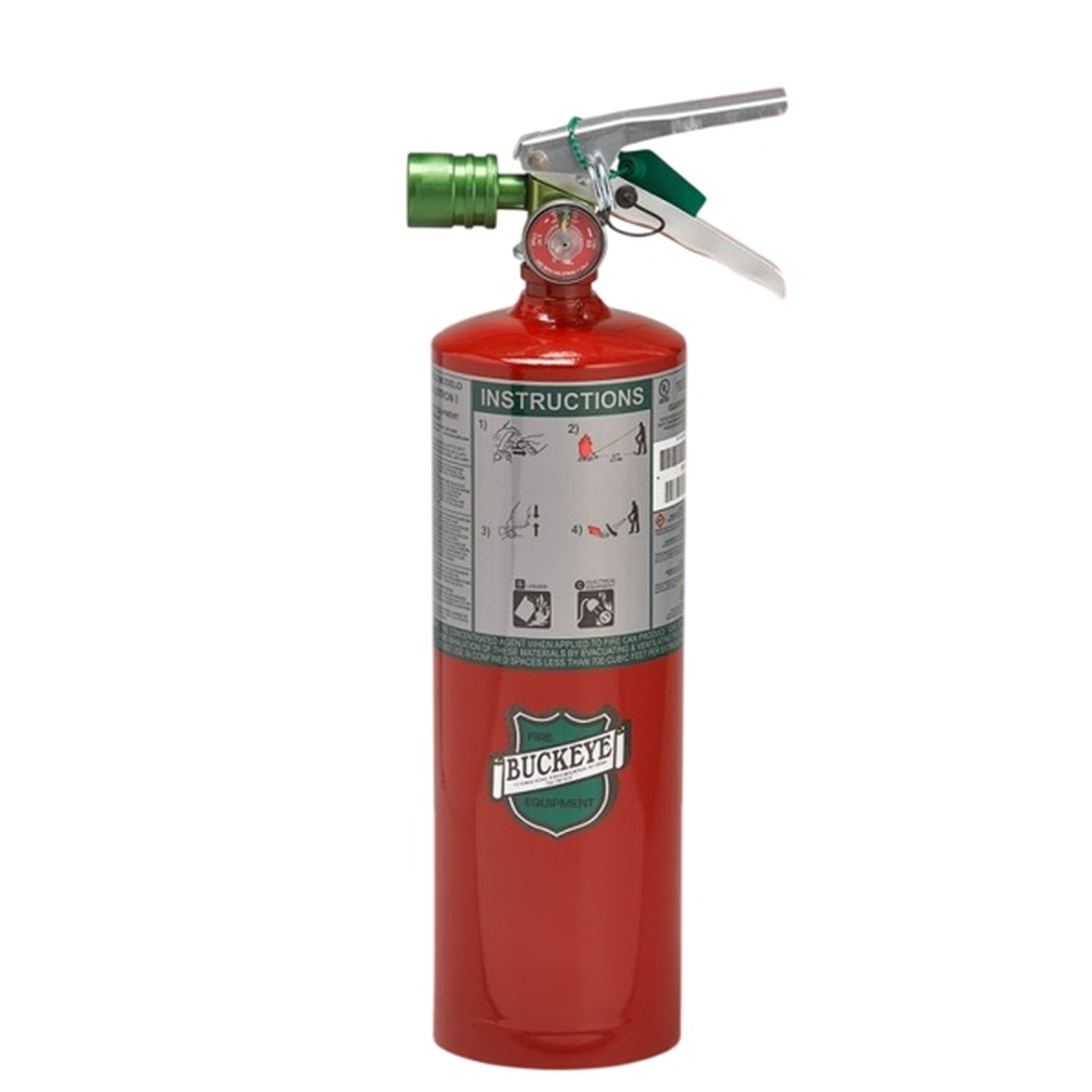 Red fire extinguisher with green label on a white background