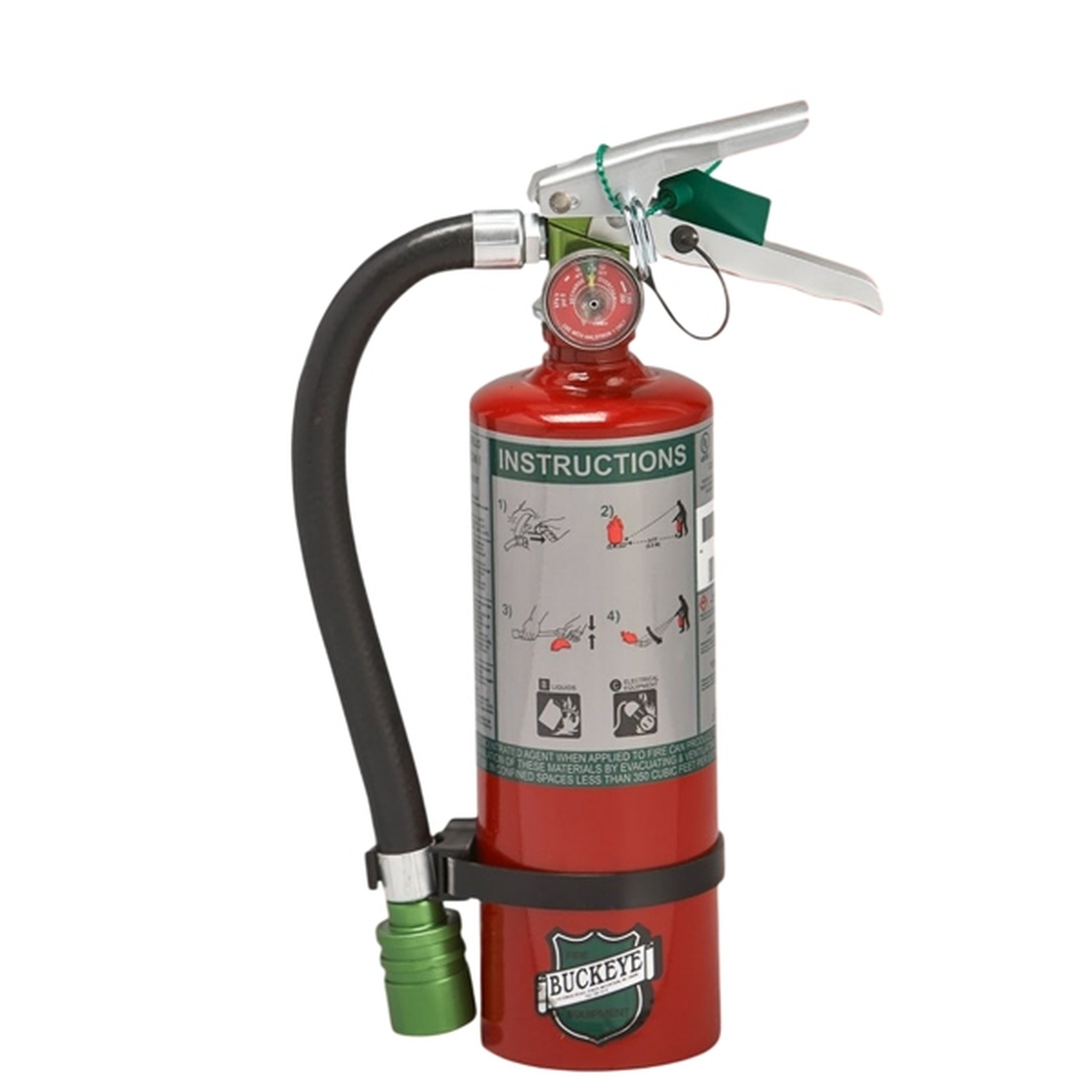 Red fire extinguisher with a black hose on a white background