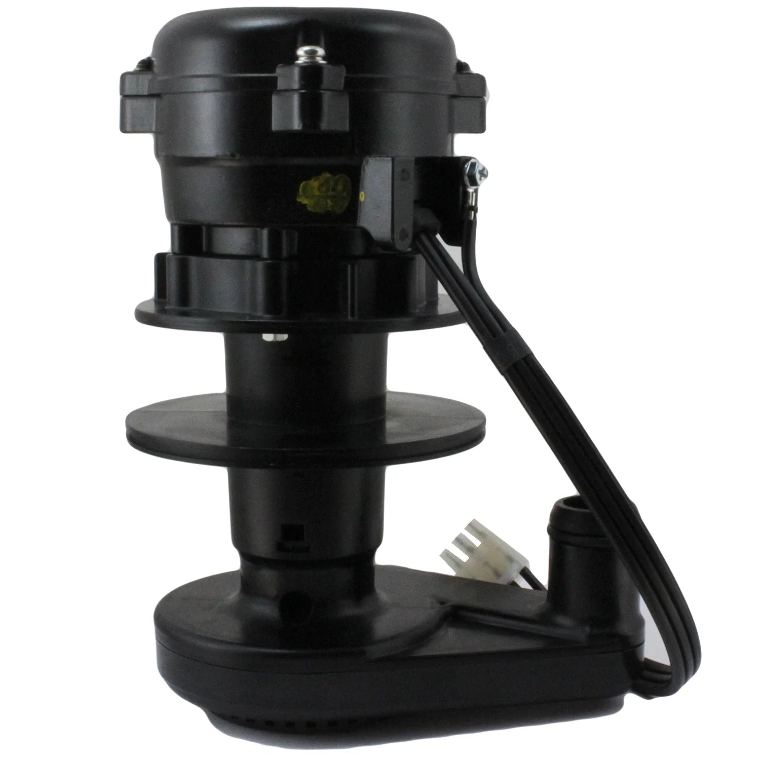 Black mechanical device with a cable on a white background