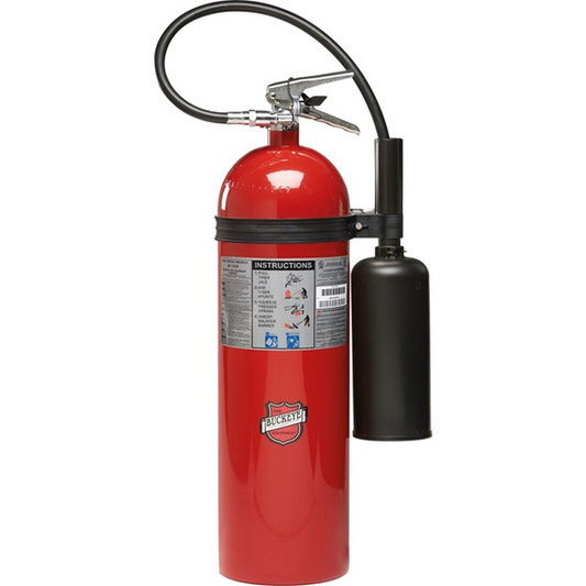 Red fire extinguisher with black hose on a white background