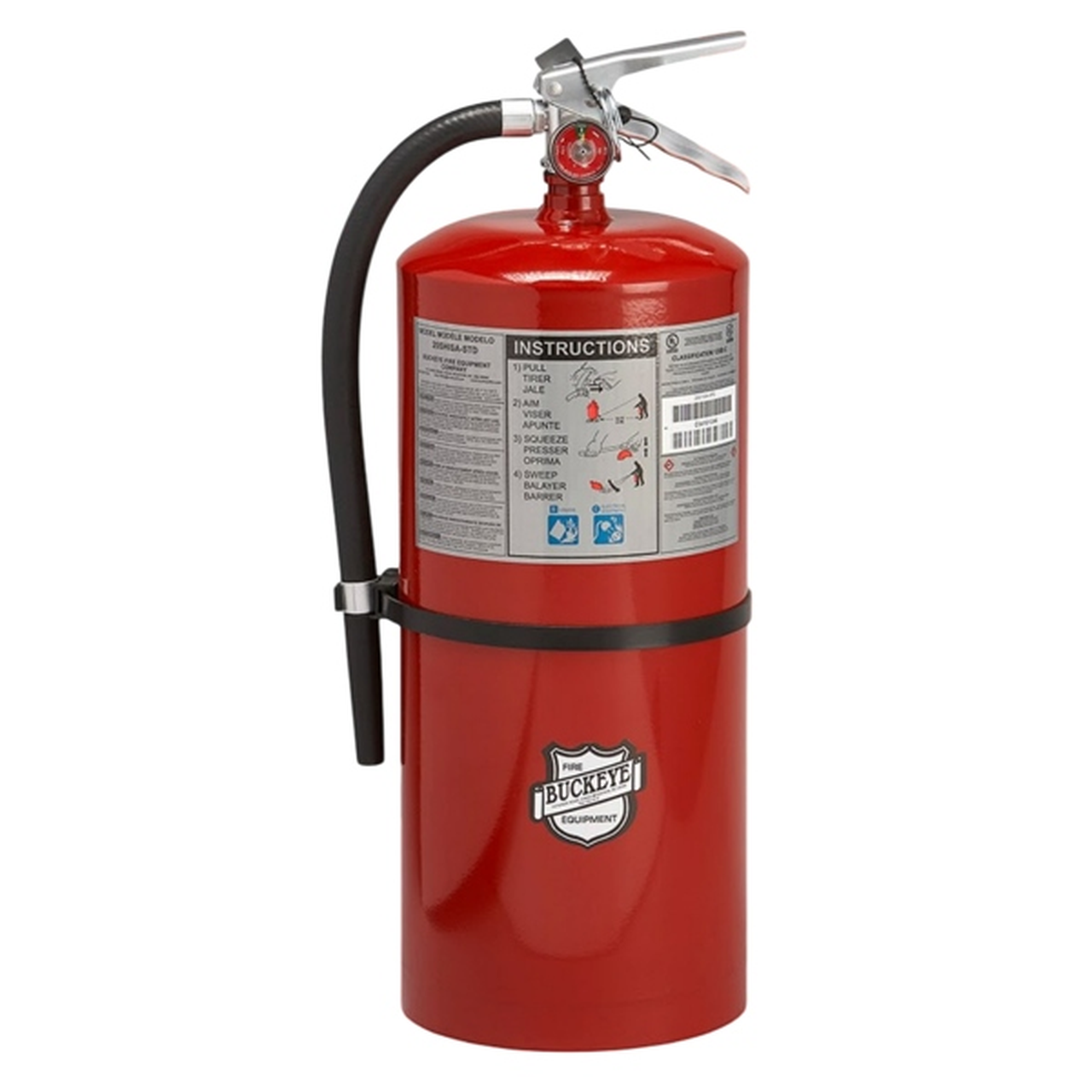 Red fire extinguisher with visible branding on a white background