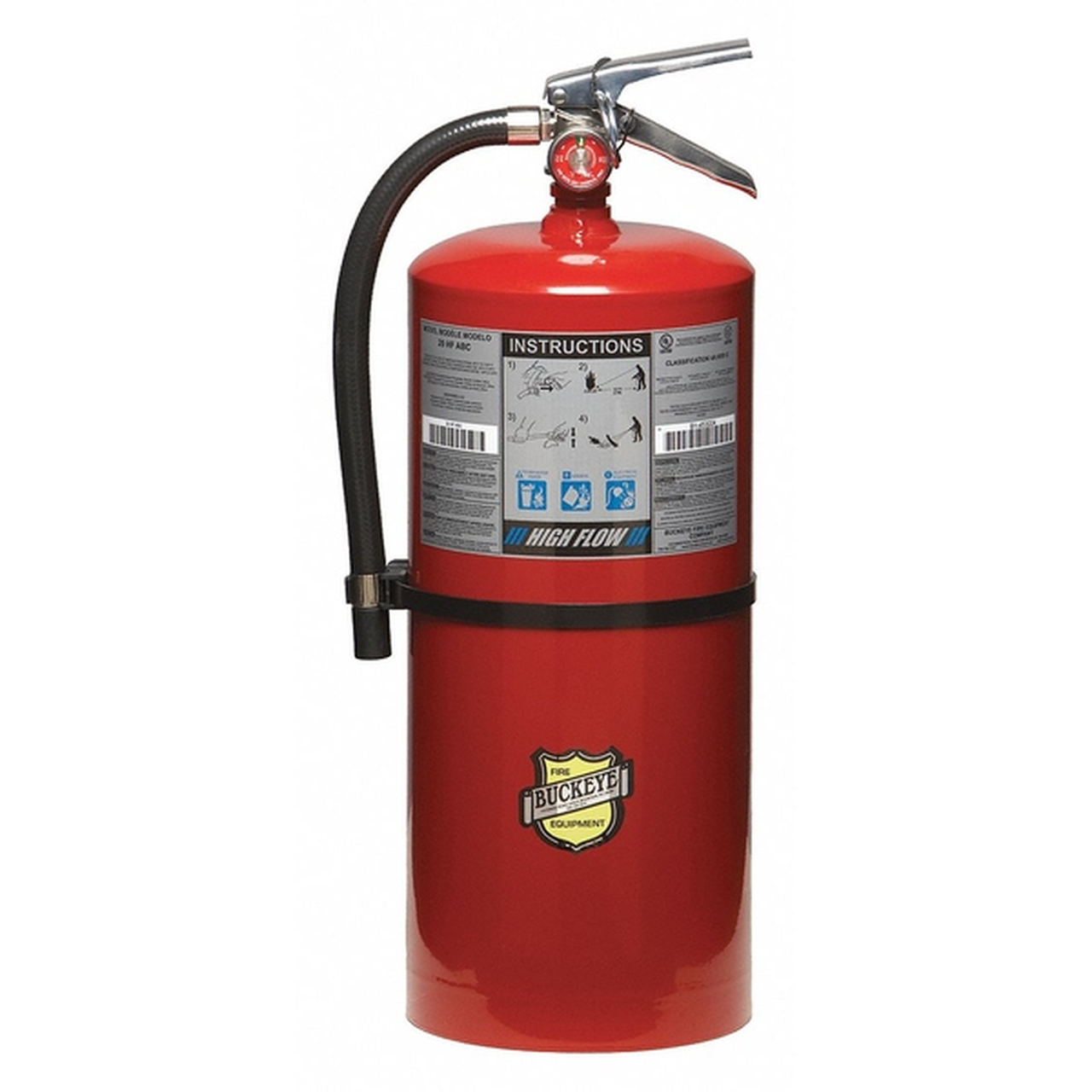 Red fire extinguisher with visible branding on a white background