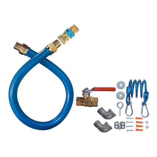 Blue garden hose kit with brass fittings, a red-handled valve, silver elbow couplings, a blue coiled spring, metal hooks, washers, and mounting screws on a white background.