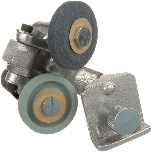 Metal balde sharpening attachment on white background.