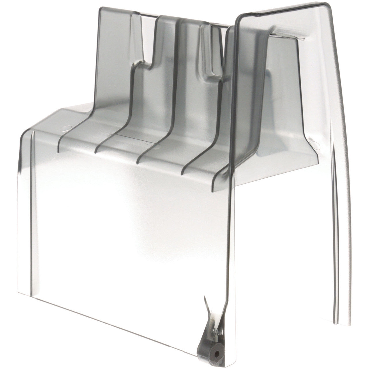 Clear plastic meat tenderizer cover on a white background