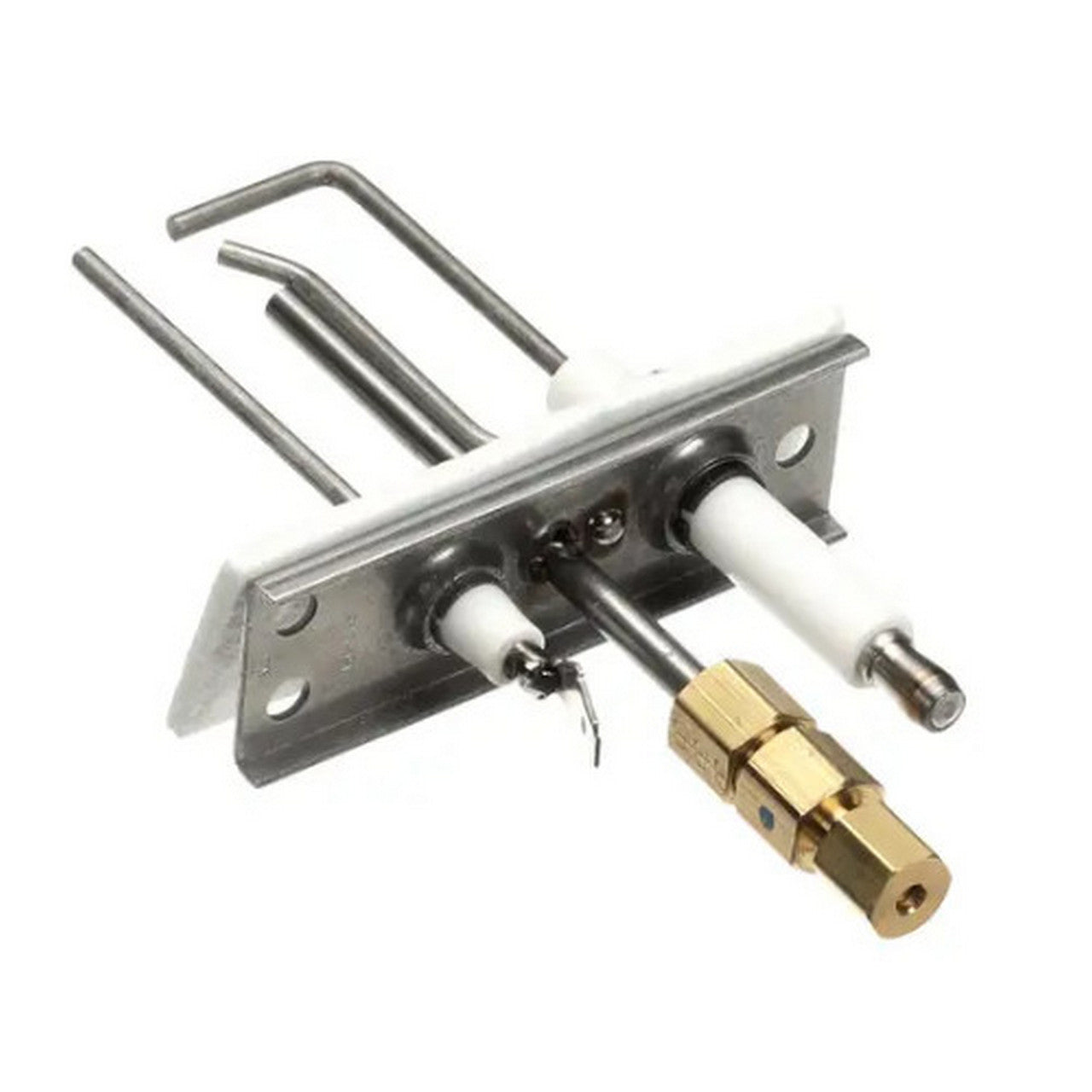 Mechanical component with metal parts and a brass fitting on a white background