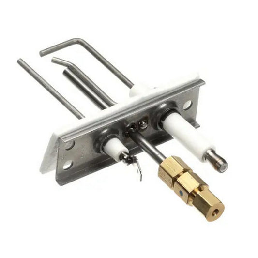 Mechanical component with metal parts and a brass fitting on a white background