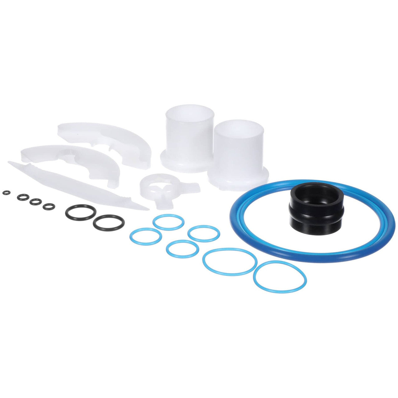 Plumbing repair parts including pipes, connectors, and washers on a white background