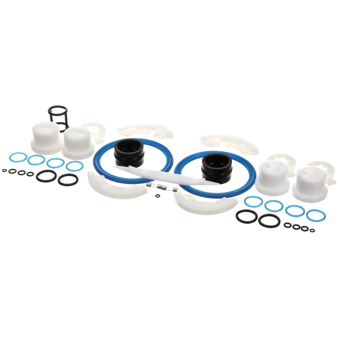 Plumbing repair parts including pipes, connectors, and washers on a white background