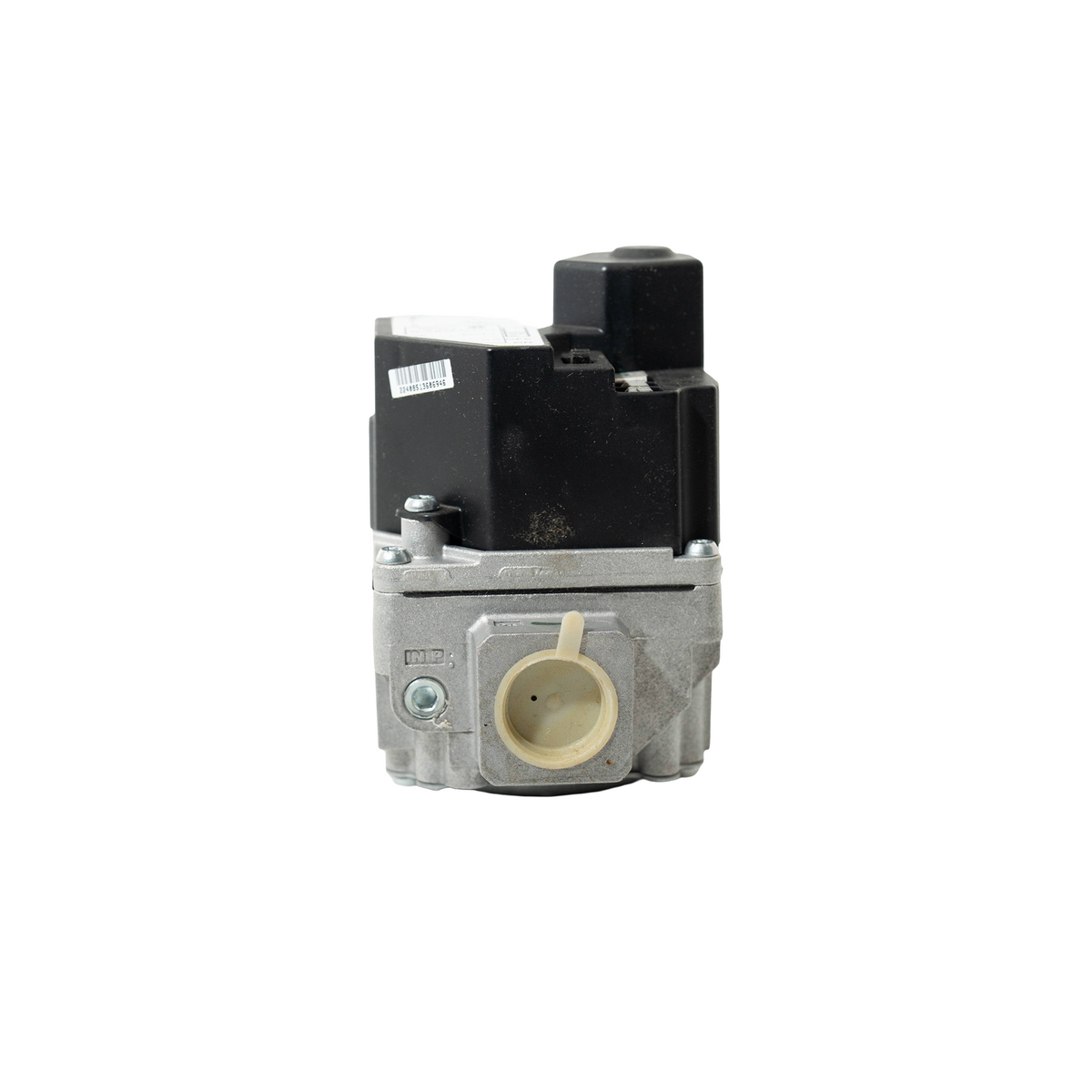 Side view of a metal gas valve with plastic upper manifold on white background.
