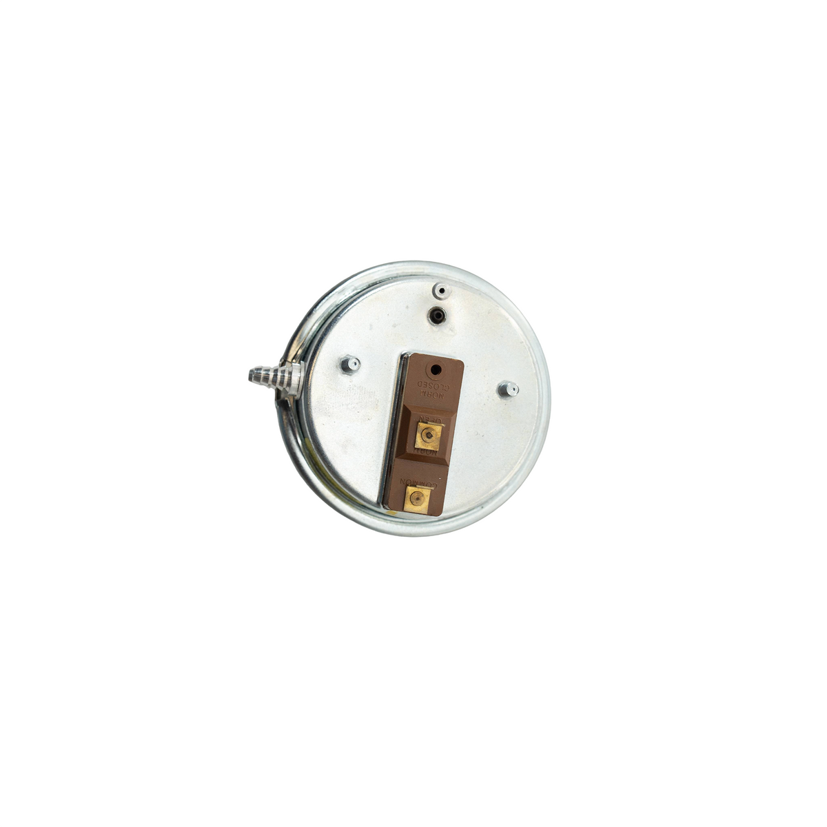 circular metal pressure switch on a white background.