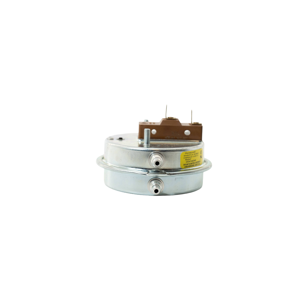 circular metal pressure switch on a white background.