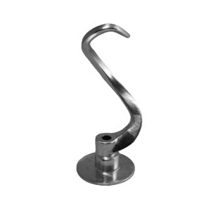 Metallic spiral dough hook on a white background