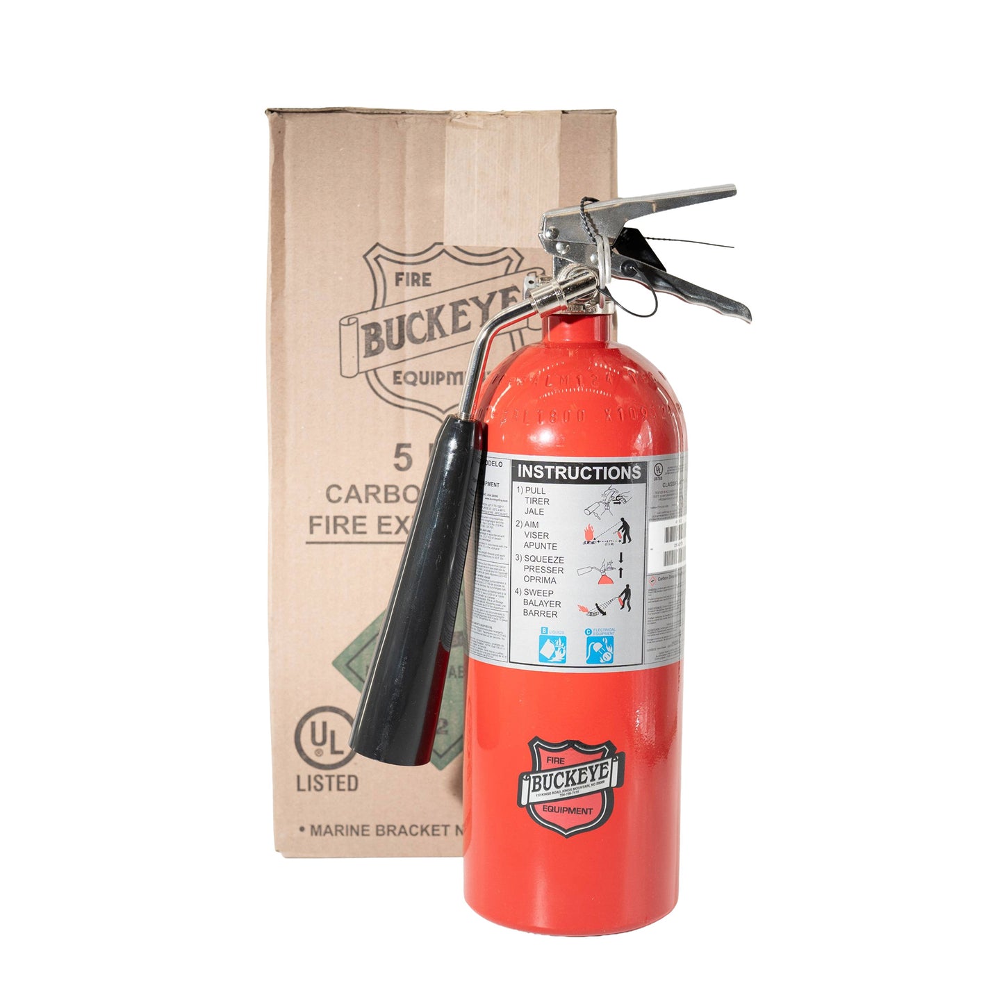 Red fire extinguisher with 'Buckeye' branding next to a cardboard box on a white background