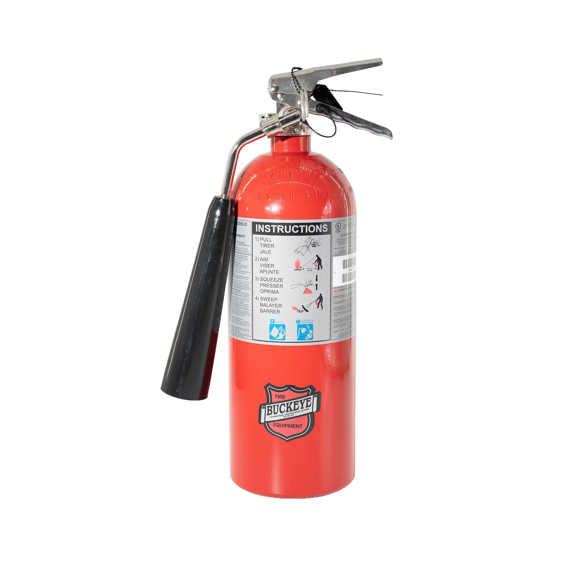 Red fire extinguisher with visible 'Buckeye' branding on a white background