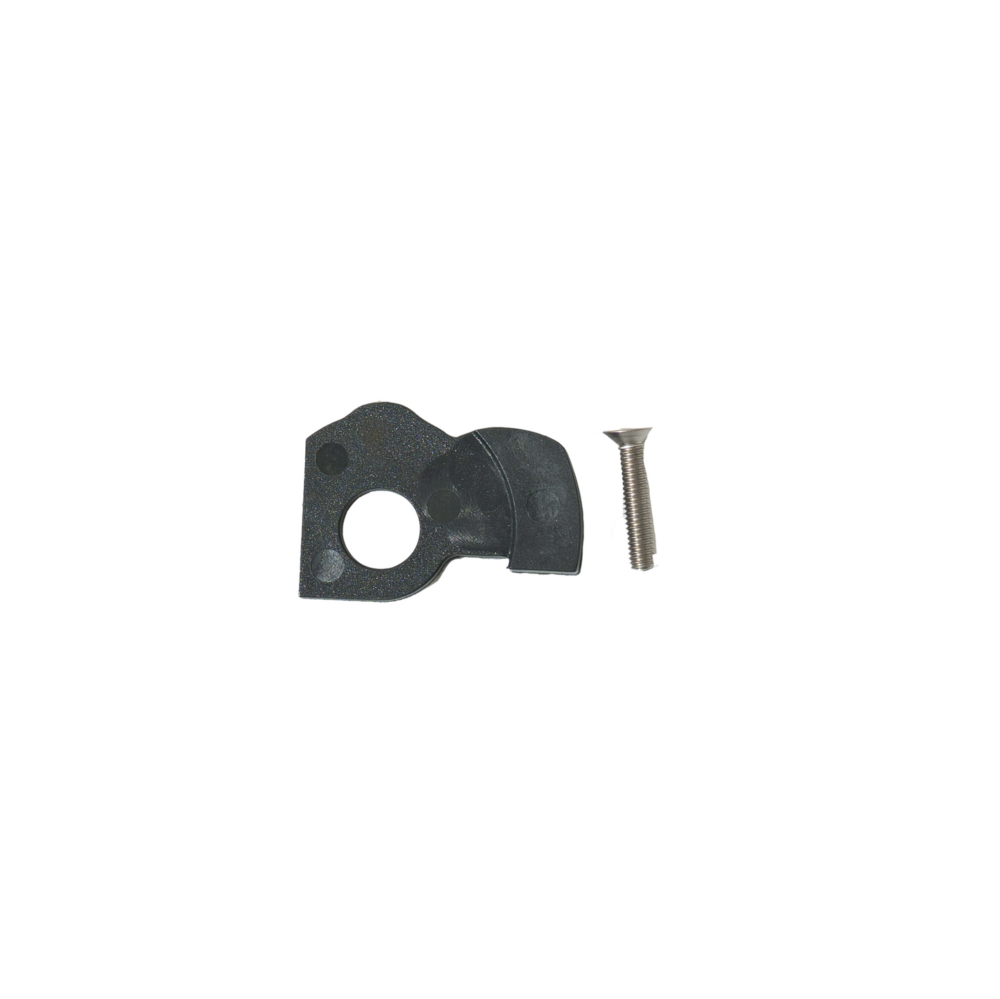 Black plastic bracket with a screw on a white background