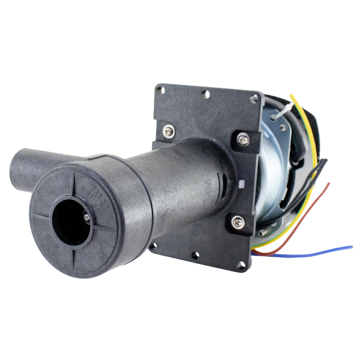 Mechanical component with a black cylindrical part and metal bracket on a white background