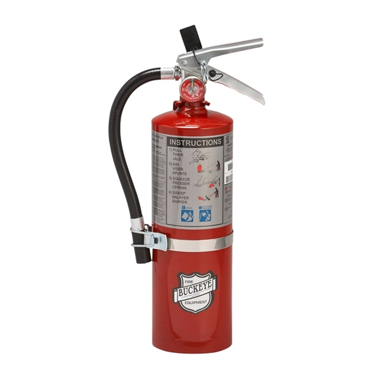 Red fire extinguisher with 'Buckeye' branding on a white background