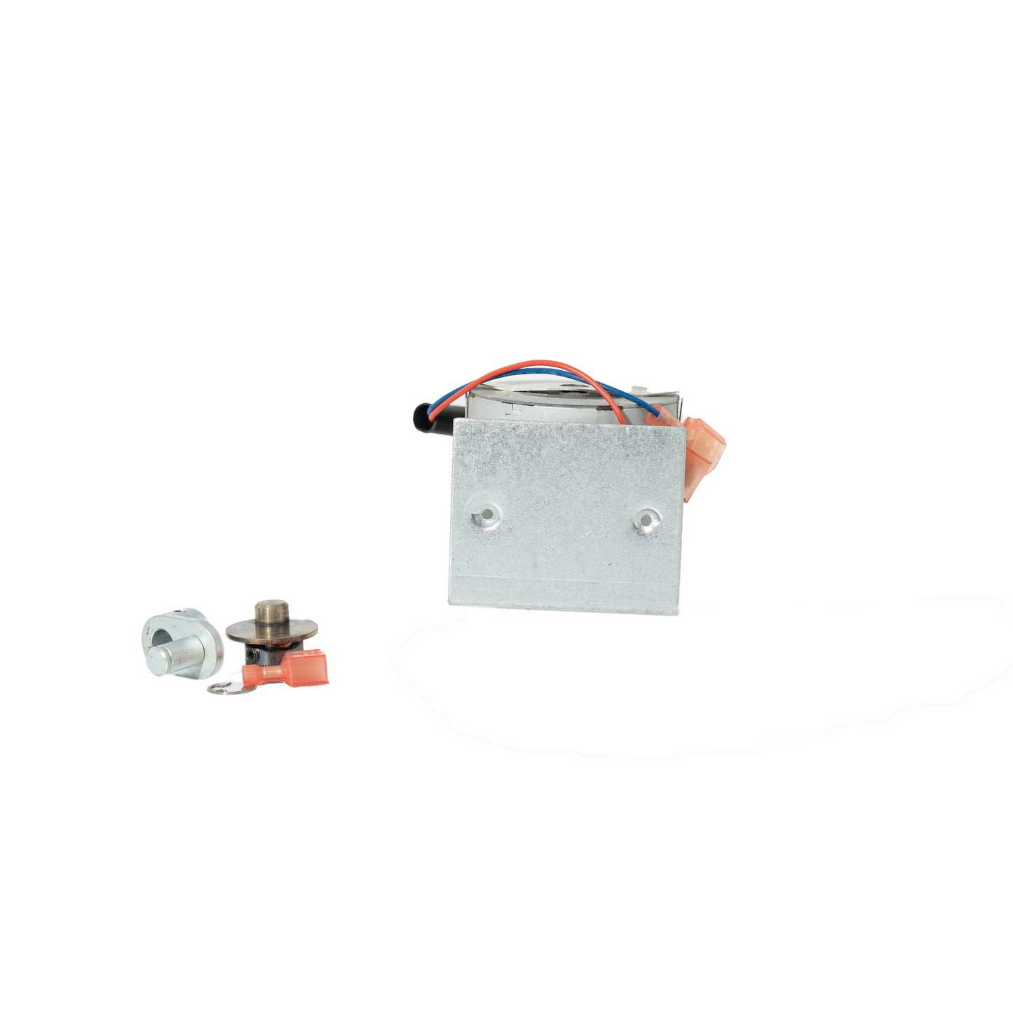 Electrical components including a metal box with wiring and two small metal parts on a white background.