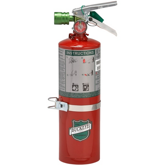 Red fire extinguisher with green and silver accents on a white background