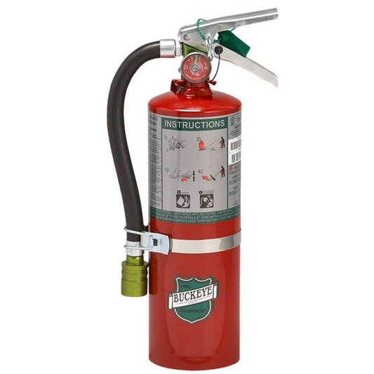 Red fire extinguisher with visible 'Buckeye' branding on a white background