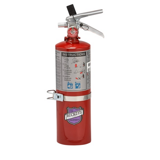 Red fire extinguisher with a visible brand logo on a white background