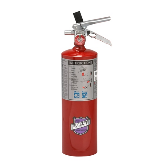 Red fire extinguisher with a visible Buckeye logo on a white background