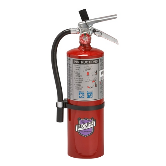 Red fire extinguisher with visible branding on a white background