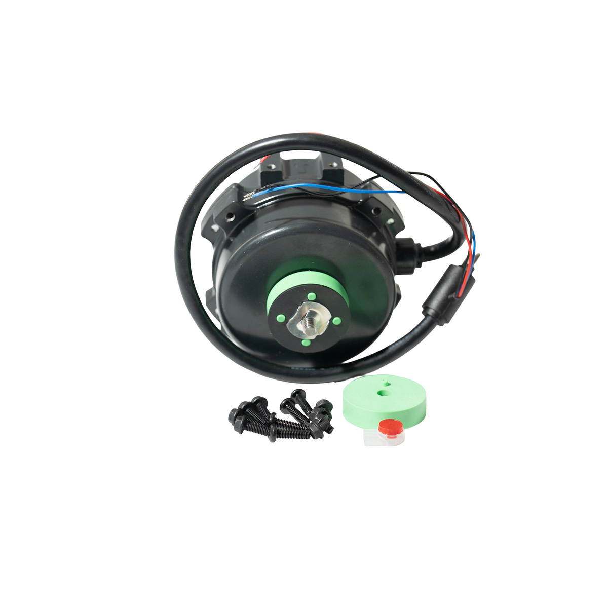Black electric motor with mounting screws and a wire harness on white background.