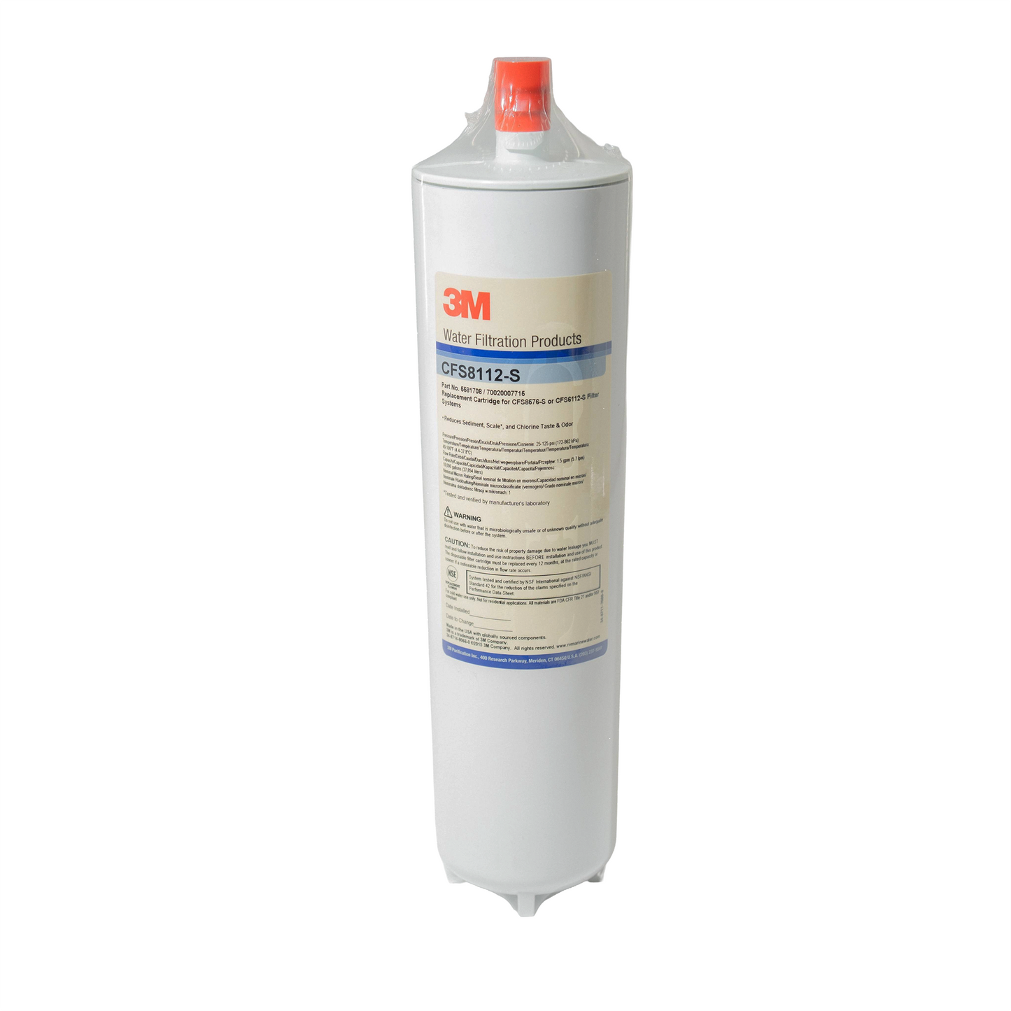 White water filter cartridge on white background.