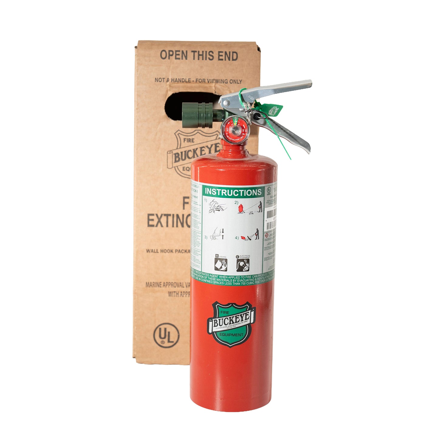 Red fire extinguisher with green label and 'Buckeye' logo next to a cardboard box on a white background