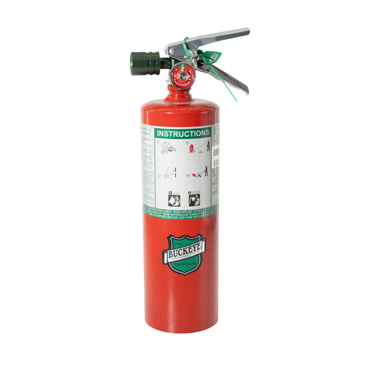 Red fire extinguisher with green label on a white background