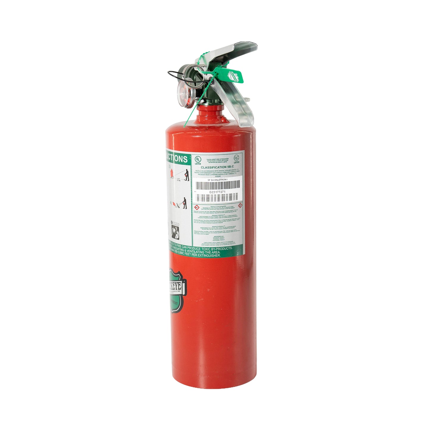 Red fire extinguisher with a white label on a white background