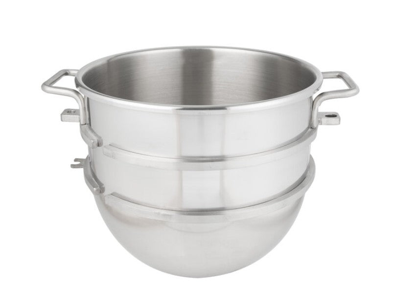 Stainless steel metal mixer bowl on a white background.