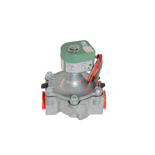 A gas valve regulator with a green top motor housing, a silver metal body, and red and green wire connectors, shown on a plain white background.