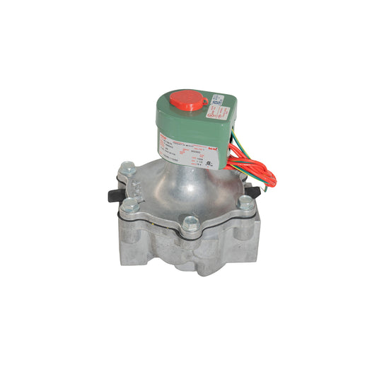 A small industrial electric motor or control module with a silver metal body, a green top housing, a red button, and attached red and green wires, shown on a plain white background.