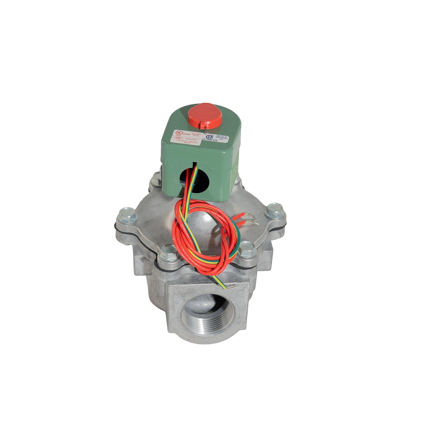 A metal electronic valve or pump control component with a green motor housing, red top button, and coiled red, orange, and green wires, shown on a plain white background.