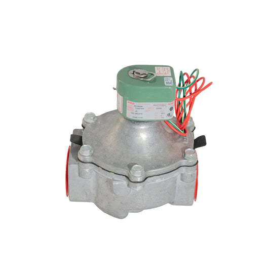 A gas valve regulator with a galvanized steel body, a green plastic motor housing, and red, green, and white wire leads, shown on a plain white background.