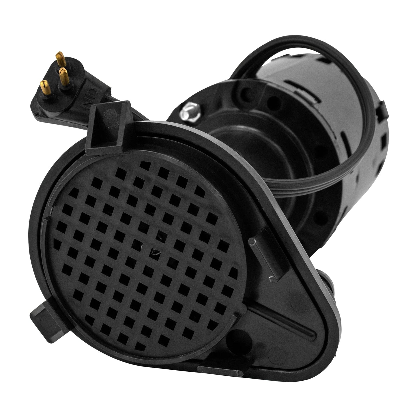 Black mechanical component with grid pattern on a white background